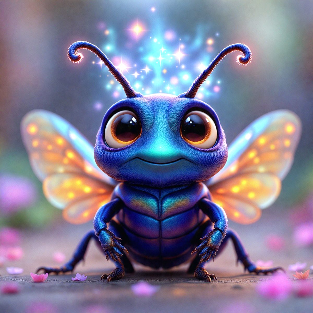 The primary subject of the image is a blue and purple butterfly with a smiling face. The butterfly is sitting on a pink flower, which is part of a larger pink flower arrangement. The setting is a garden, and the visual style is a digital art illustration. The colors and mood of the image are bright, cheerful, and whimsical.